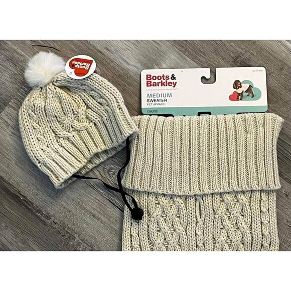 NEW Dog PET SWEATER & HAT OUTFIT SET Medium Cream Knit Boots & Barkley 2pc Set - Picture 10 of 10